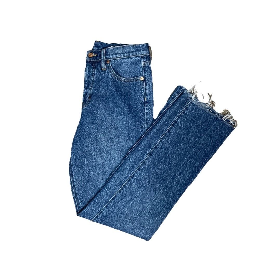 J Crew Full Length Demi Boot High Rise Jeans Medium Wash Blue Denim 28 Tall Raw